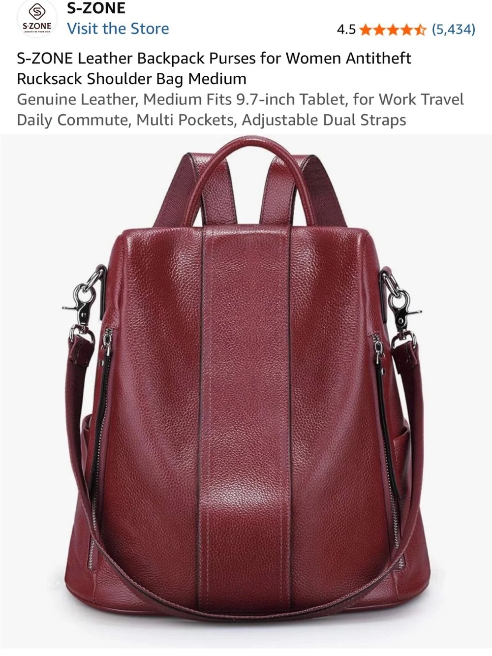 Antitheft Leather Backpack/Shoulder Bag